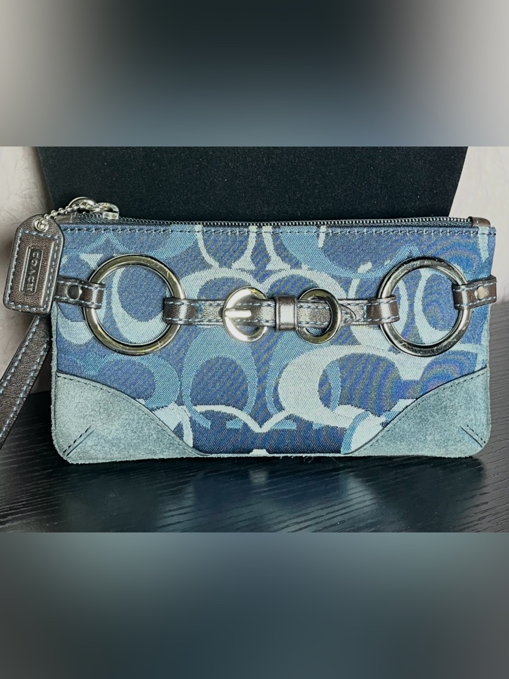 Coach Blue Signature Jacquard Wristlet with Suede & Silver Ring Hardware